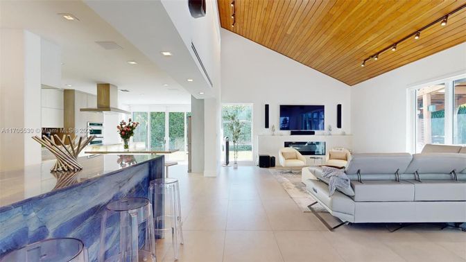 Fireplace, Interior, Kitchen, Living room, Recessed Lighting, Wooden Ceilings