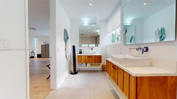 Bathroom, Dual Sink Vanities, Interior, Recessed Lighting, Wood Texture Flooring