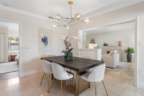 Dining room, Fireplace, Interior, Pendant Lights