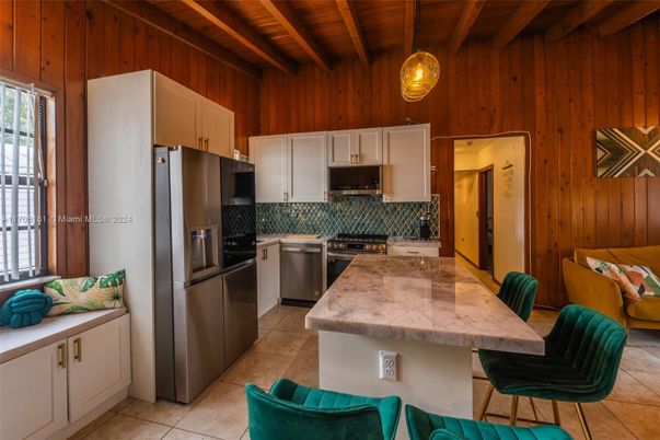 Interior, Kitchen, Pendant Lights, Stainless Steel Appliances, Wooden Beams, Wooden Ceilings, Wooden Walls