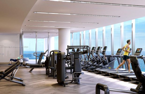 Fitness Equipment, Gym, Interior, Recessed Lighting, Water, Wood Texture Flooring