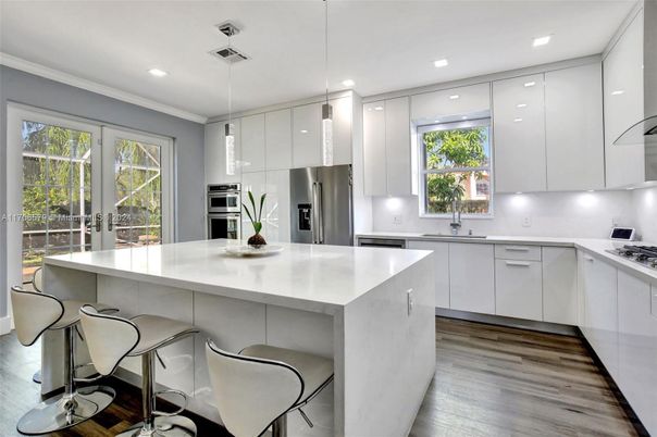 Interior, Kitchen, Pendant Lights, Recessed Lighting, Stainless Steel Appliances, Wood Texture Flooring