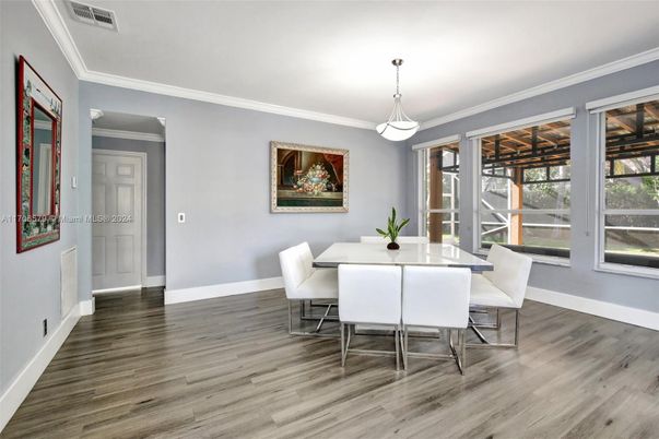 Dining room, Interior, Pendant Lights, Wood Texture Flooring