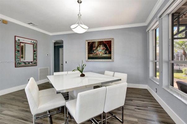 Dining room, Interior, Pendant Lights, Wood Texture Flooring