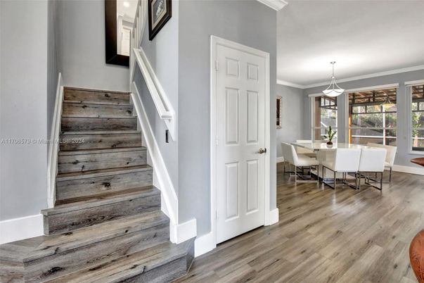 Dining room, Interior, Pendant Lights, Wood Texture Flooring