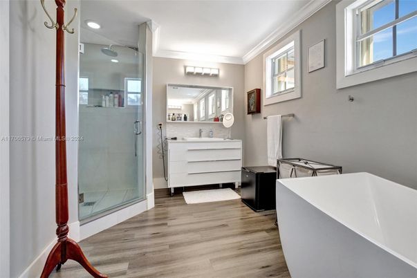 Bathroom, Glass Shower, Interior, Recessed Lighting, Wood Texture Flooring