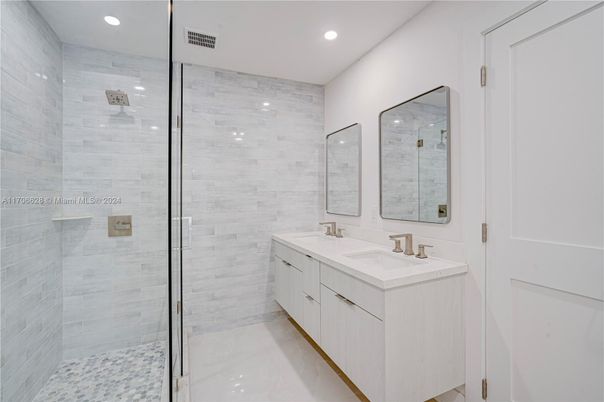 Bathroom, Dual Sink Vanities, Glass Shower, Interior, Recessed Lighting
