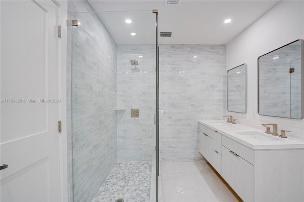Bathroom, Dual Sink Vanities, Glass Shower, Interior, Recessed Lighting