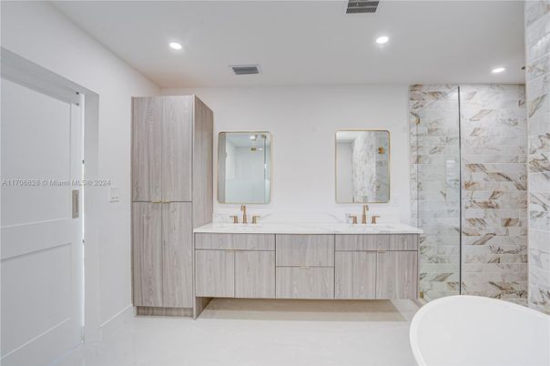 Bathroom, Dual Sink Vanities, Interior, Marble Walls, Recessed Lighting