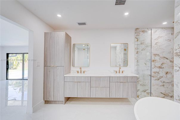 Bathroom, Dual Sink Vanities, Interior, Marble Walls, Recessed Lighting