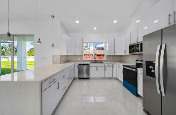Interior, Kitchen, Marble, Pendant Lights, Recessed Lighting, Stainless Steel Appliances