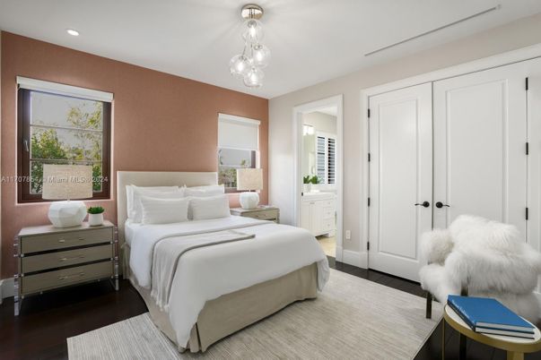 Bedroom, Interior, Pendant Lights, Recessed Lighting, Wood Texture Flooring
