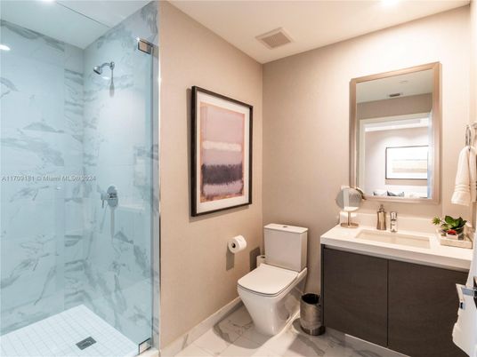 Bathroom, Glass Shower, Interior, Marble, Marble Walls, Recessed Lighting