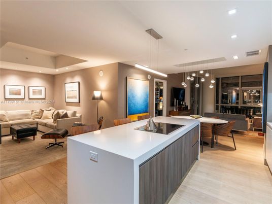 Dining room, Interior, Living room, Pendant Lights, Recessed Lighting, Wood Texture Flooring