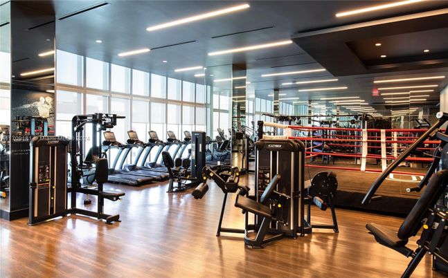 Fitness Equipment, Gym, Interior, Recessed Lighting, Wood Texture Flooring
