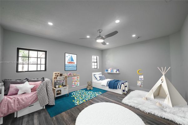 Bedroom, Interior, Recessed Lighting, Wood Texture Flooring