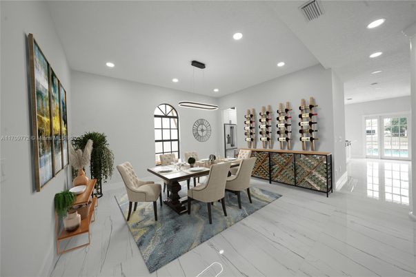 Dining room, Interior, Marble, Pendant Lights, Recessed Lighting
