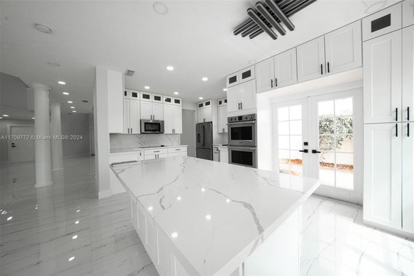 Interior, Kitchen, Marble, Recessed Lighting, Stainless Steel Appliances