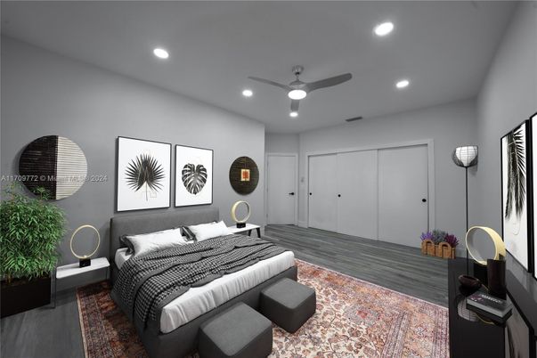 Bedroom, Interior, Recessed Lighting, Wood Texture Flooring