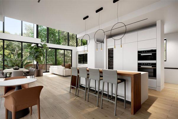 Dining room, Interior, Kitchen, Living room, Pendant Lights, Stainless Steel Appliances, Wood Texture Flooring