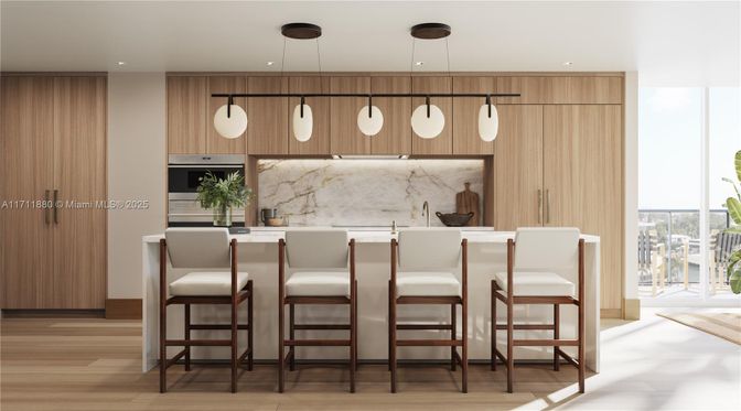 Interior, Kitchen, Marble Walls, Pendant Lights, Recessed Lighting, Wood Texture Flooring