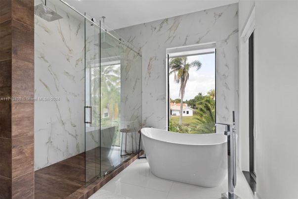 Bathroom, Free Standing Baths, Glass Shower, Interior, Marble, Marble Walls, Wood Texture Flooring