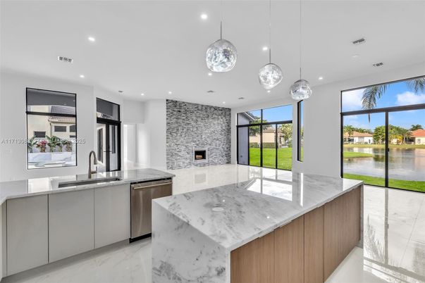 Interior, Kitchen, Marble, Pendant Lights, Recessed Lighting, Stainless Steel Appliances, Water