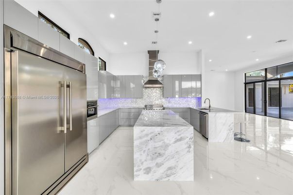 Interior, Kitchen, Marble, Pendant Lights, Recessed Lighting, Stainless Steel Appliances