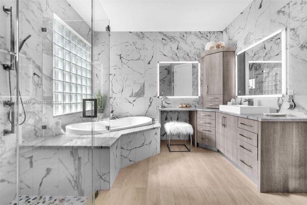 Bathroom, Dual Sink Vanities, Interior, Marble Walls, Wood Texture Flooring