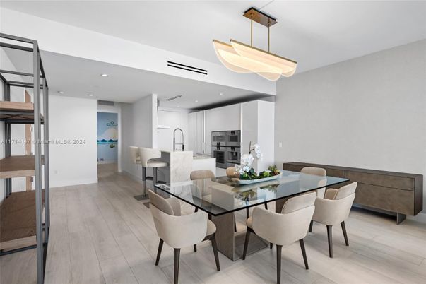 Dining room, Interior, Kitchen, Recessed Lighting, Stainless Steel Appliances, Wood Texture Flooring