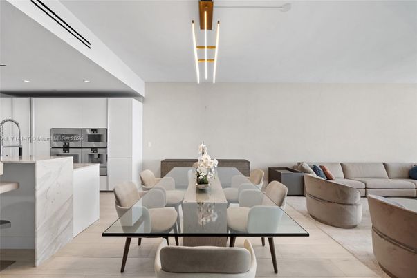 Dining room, Interior, Kitchen, Living room, Recessed Lighting, Stainless Steel Appliances, Wood Texture Flooring