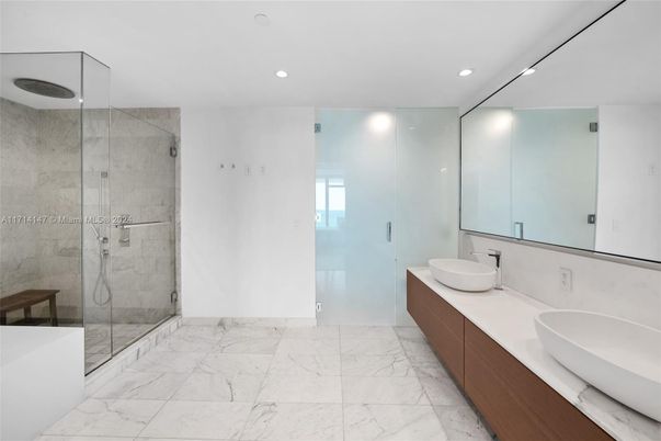 Bathroom, Dual Sink Vanities, Glass Shower, Interior, Marble, Recessed Lighting