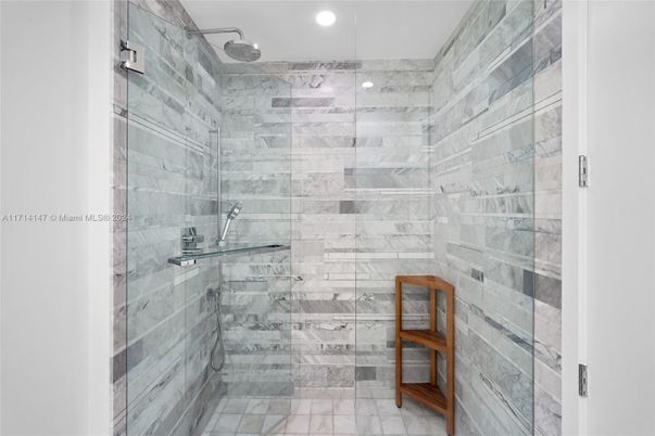 Bathroom, Glass Shower, Interior, Marble Walls, Recessed Lighting