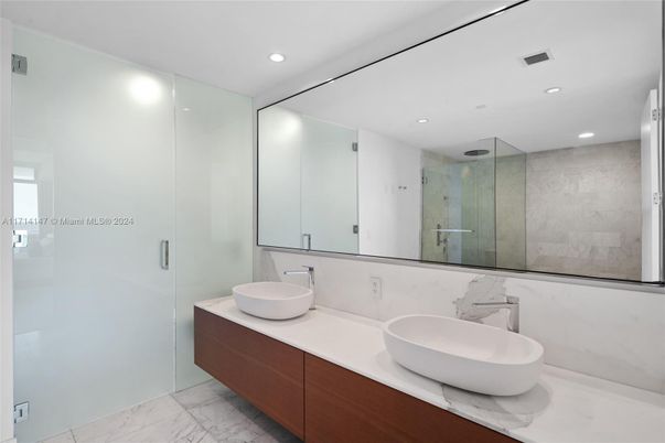 Bathroom, Dual Sink Vanities, Glass Shower, Interior, Marble, Recessed Lighting