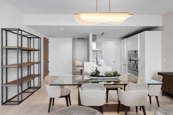 Dining room, Interior, Kitchen, Recessed Lighting, Stainless Steel Appliances, Wood Texture Flooring