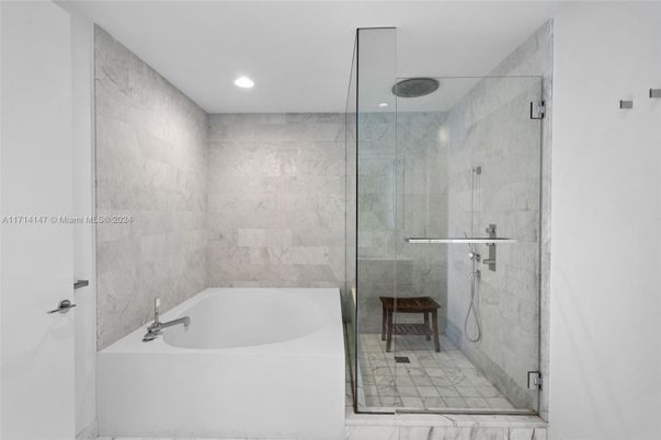 Bathroom, Glass Shower, Interior, Marble, Marble Walls, Recessed Lighting