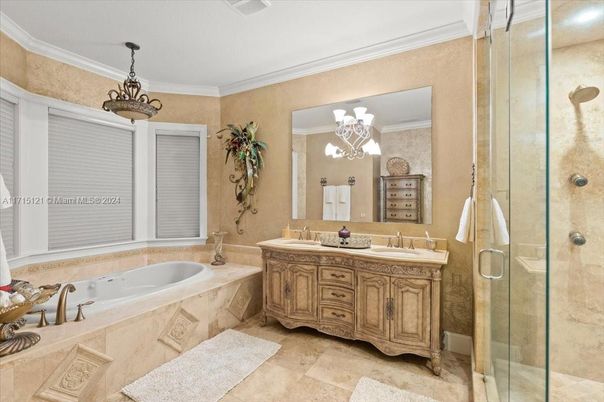 Bathroom, Dual Sink Vanities, Glass Shower, Interior, Pendant Lights