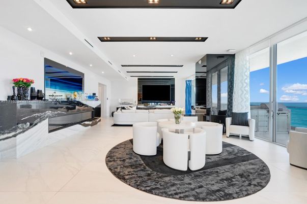 Fireplace, Interior, Living room, Marble, Recessed Lighting, Water