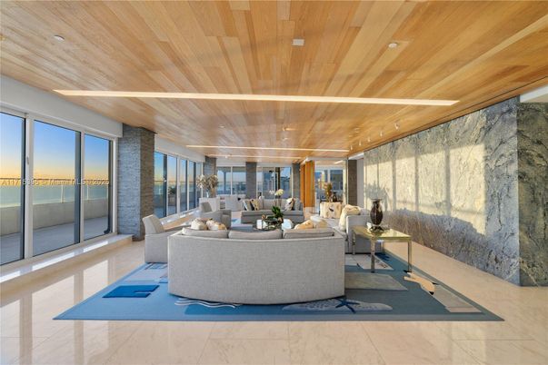 Interior, Living room, Marble, Recessed Lighting, Wooden Ceilings