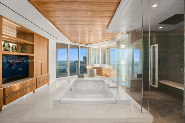 Bathroom, Glass Shower, Interior, Marble, Recessed Lighting, Water, Wooden Ceilings