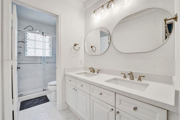 Bathroom, Dual Sink Vanities, Glass Shower, Interior, Marble