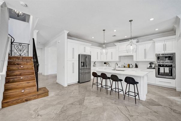 Interior, Kitchen, Marble, Pendant Lights, Recessed Lighting, Stainless Steel Appliances