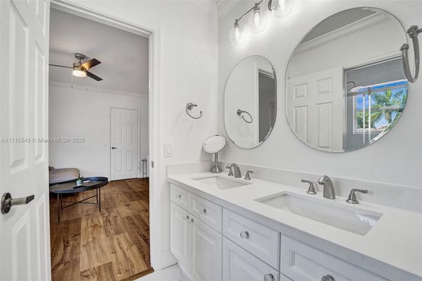 Bathroom, Dual Sink Vanities, Interior, Wood Texture Flooring