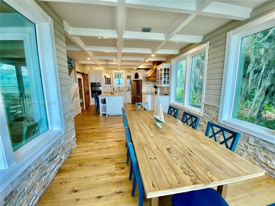 Dining room, Interior, Kitchen, Recessed Lighting, Stainless Steel Appliances, Wood Texture Flooring