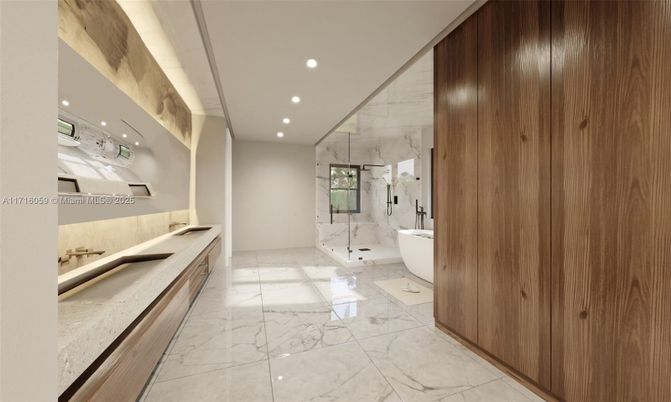 Bathroom, Free Standing Baths, Glass Shower, Interior, Marble, Marble Walls, Recessed Lighting