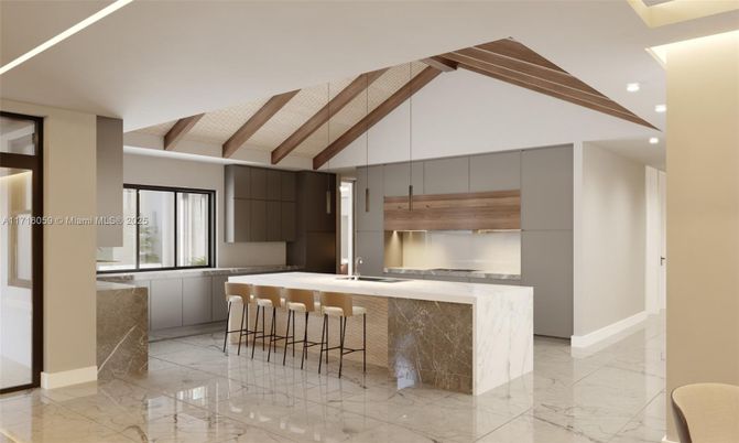 Interior, Kitchen, Marble, Pendant Lights, Recessed Lighting, Stainless Steel Appliances, Wooden Beams