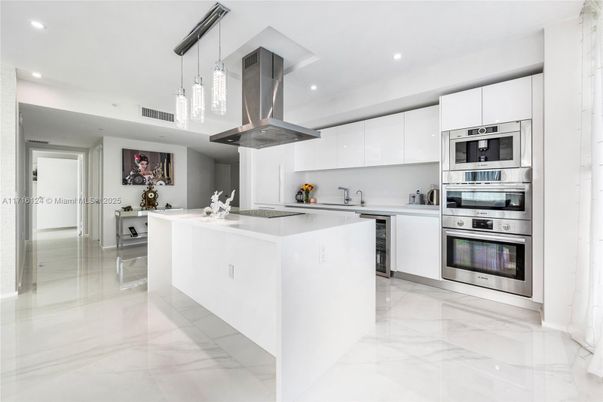 Interior, Kitchen, Marble, Pendant Lights, Recessed Lighting, Stainless Steel Appliances