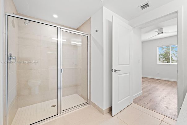 Bathroom, Glass Shower, Interior, Recessed Lighting, Wood Texture Flooring