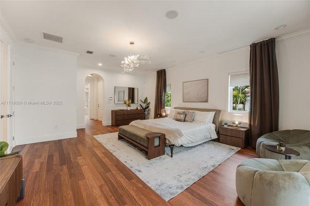 Bedroom, Chandelier, Interior, Recessed Lighting, Wood Texture Flooring