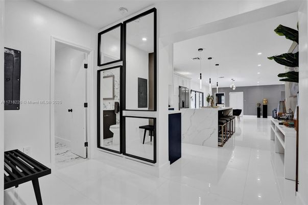 Interior, Kitchen, Marble Walls, Pendant Lights, Recessed Lighting